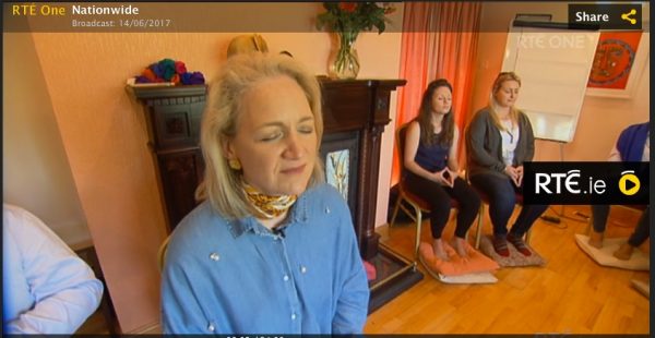 Screen Shot of Calodagh teaching her meditation class from the RTE Tv Show 'Nationwide' • Broadcast: Wed 14 Jun 2017